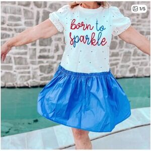 Born to Sparkle White Blue Bubble Skirt Dress Short Puff Sleeve Patriotic